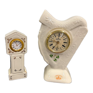 Vintage Irish Donegal Shamrock Parian China Mantel Clock Set - Harp & Grandfather - Pair