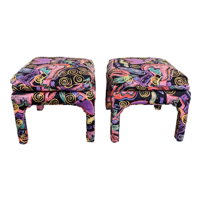 Vintage Postmodern Abstract Upholstered Parsons Stools, Pair For Sale