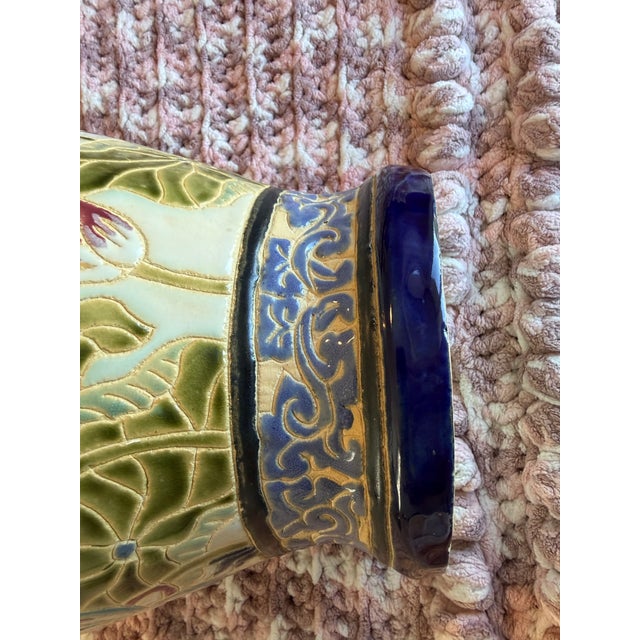 Vintage Chinoiserie 15" Majolica Temple Jar With 4 Blue Lion Handles For Sale - Image 11 of 11