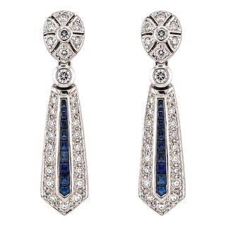 Mid 20th Century Pair of 18k Diamond & Sapphire Earrings For Sale