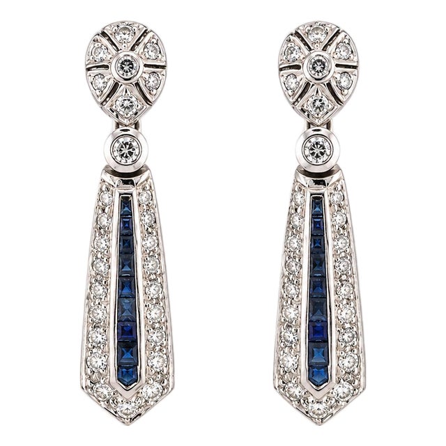 Mid 20th Century Pair of 18k Diamond & Sapphire Earrings For Sale