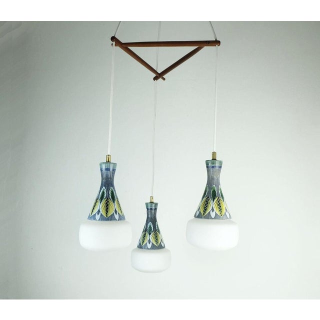Modern Danish Pendant Light in Teak, Opaline Glass & Ceramic, 1960s For Sale - Image 11 of 11