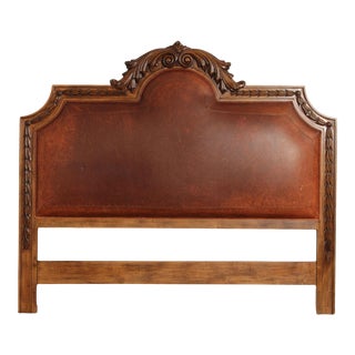 Rustic European Style King Size Carved Wood and Leather Headboard For Sale