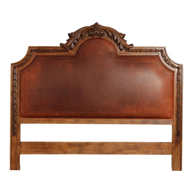 Rustic European Style Queen Size Carved Wood And Leather Headboard