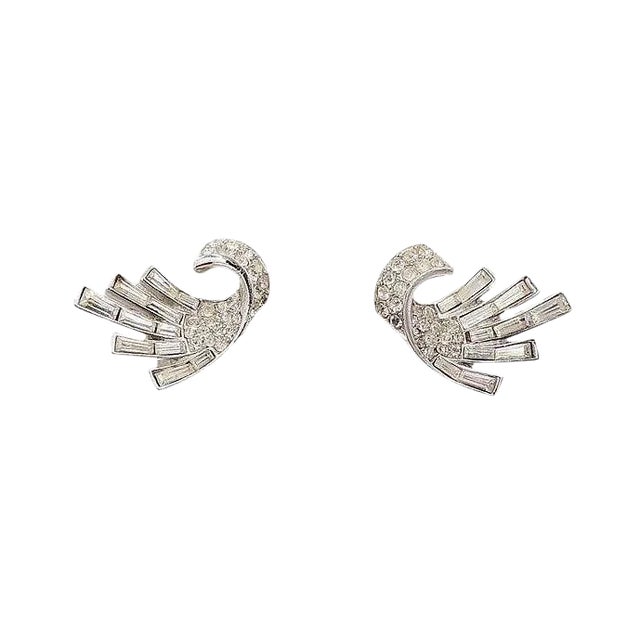Vintage 1957 Crown Trifari Rhodium Plated Baguette Rhinestone Earrings - 2 Pieces For Sale