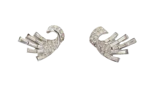 Vintage 1957 Crown Trifari Rhodium Plated Baguette Rhinestone Earrings - 2 Pieces