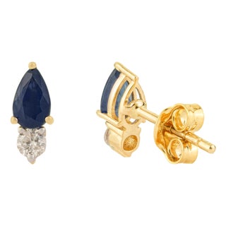 Pear-Cut Blue Sapphire & Diamond Classic Earrings in 14k Solid Yellow Gold- A Pair For Sale
