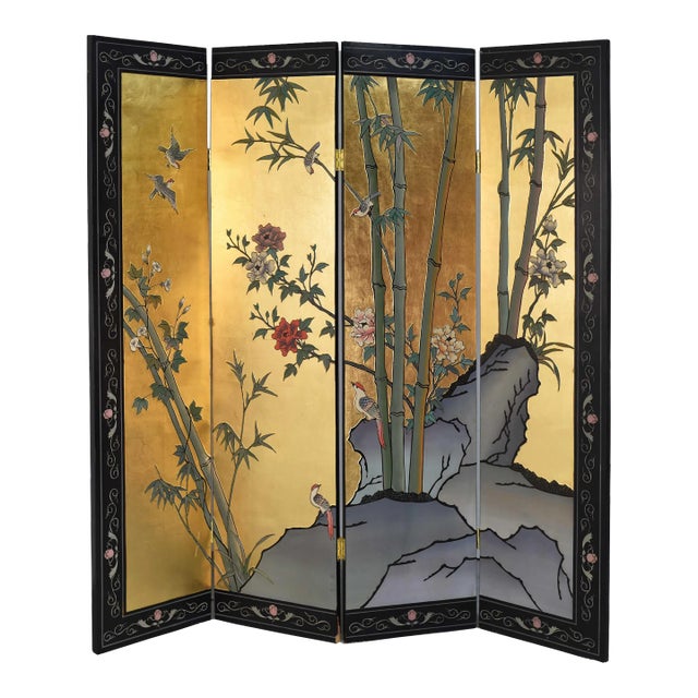 Vintage Chinoiserie Gold Leaf Lacquer 4-Panel Room Divider Screen For Sale