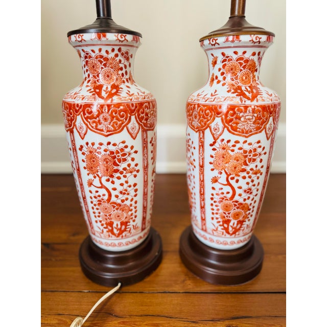 Vintage Pair of Asian Red Porcelain Lamps- Red Chinoiserie Lamps For Sale - Image 4 of 11