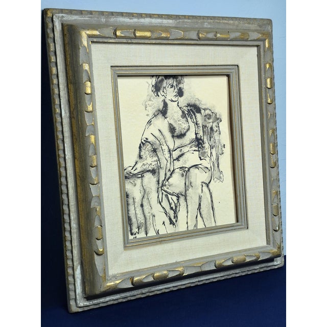 Mid-Century Modern Mid-Century Figural Seated Woman Ink Drawing in Ornate Gold Gilt Frame For Sale - Image 3 of 11