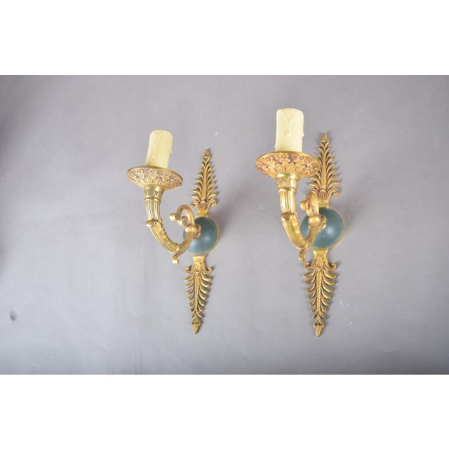 1950s Gilded Brass Scroll-Arm Wall Sconces with Teal Details, 1950s, Set of 2 For Sale - Image 5 of 12