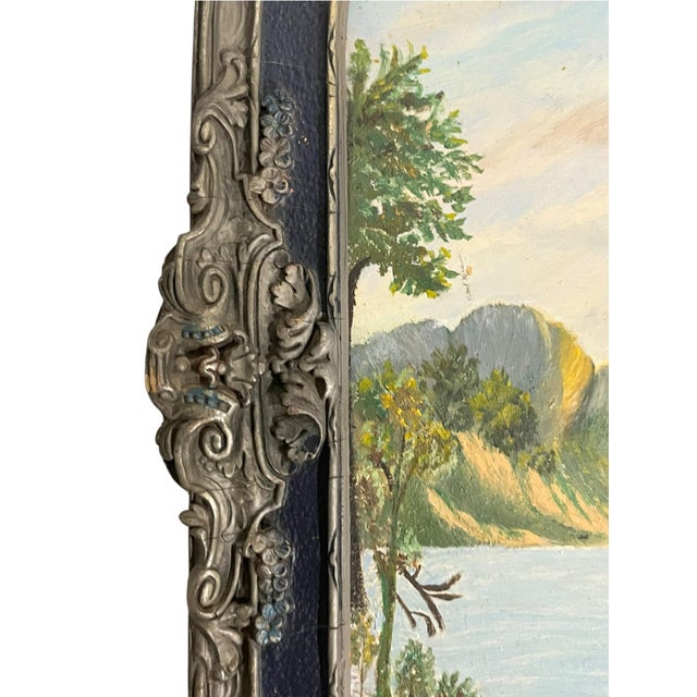 Vintage Folk Art Landscape Painting in Ornate Carved Frame For Sale - Image 4 of 10