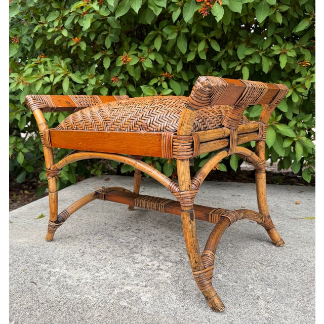 Tommy Bahama Vintage Palm Beach Woven Rattan & Bamboo Ottoman Foot Stool For Sale - Image 4 of 10