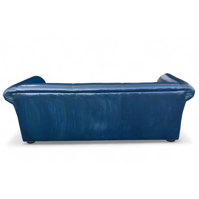 1960s Navy Blue Leather Roll-Arm Sofa With Brass Nailhead Trim and Wooden Bun Feet For Sale - Image 12 of 12