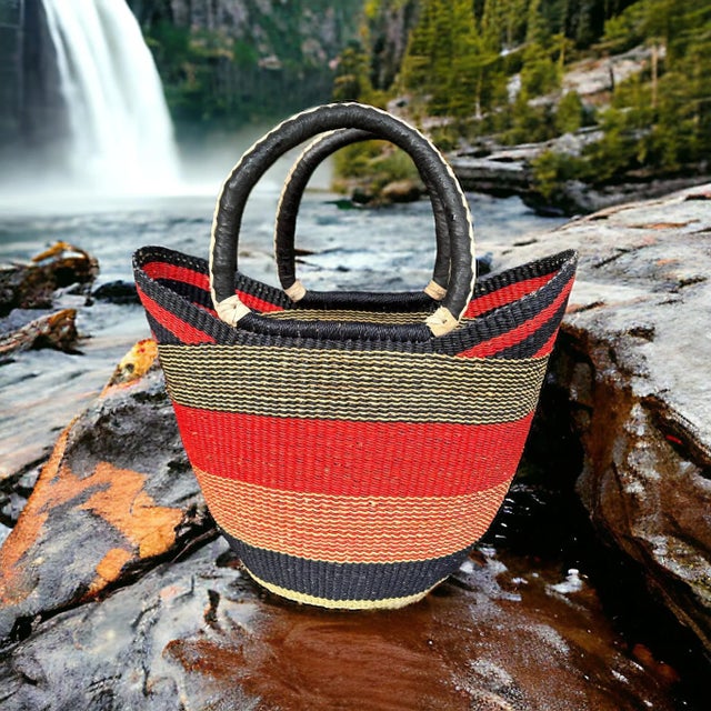 Red African Bolga Ghana Woven Yikene Basket Beach Bag U Shopper, Red and Black For Sale - Image 8 of 11