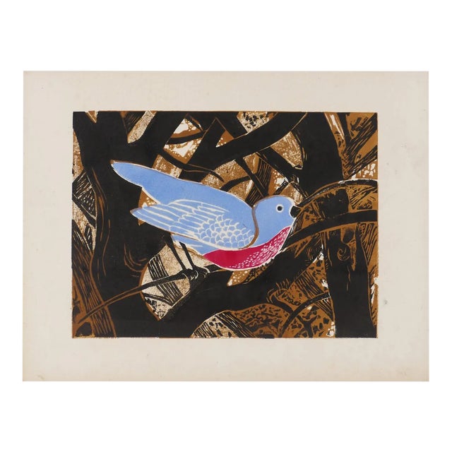 Oiseau Bleu - Original Woodcut Print by G. Halff - Late 1900 Late 20th Century For Sale