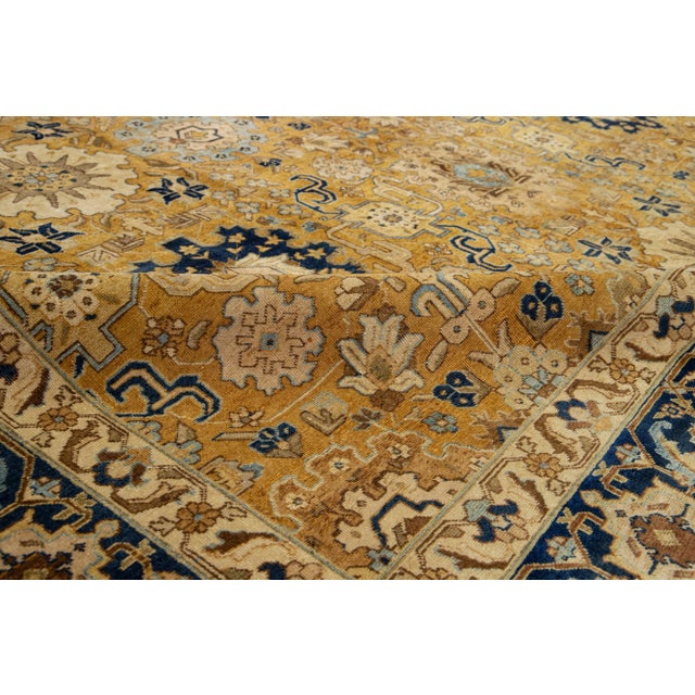 Textile 1920s Handmade Antique Tan Wool Rug Persian Tabriz Allover Design For Sale - Image 7 of 9