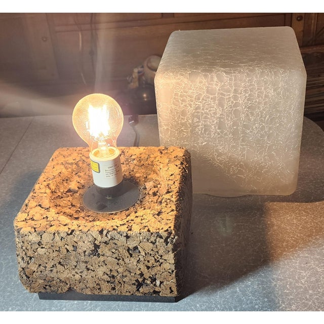 Wood Mid-Century Modern Frosted Cracked Ice-Cube Cube Light With Cork Base, C1960s For Sale - Image 7 of 8