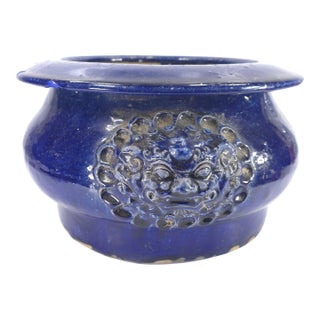 Asian Signed Cobalt Blue Ceramic Bowl Pot Planter Lion Heads For Sale