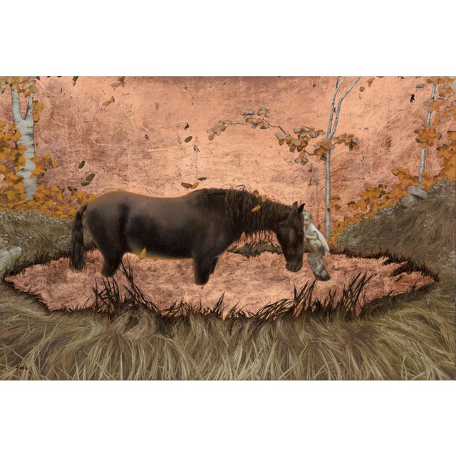 Lowland Savior by Dana Hawk | Oil and Copper on Panel Horse standing near a figure in a natural setting. For Sale