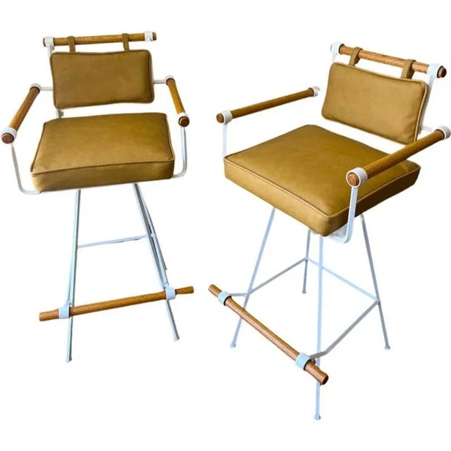 1960s Vintage Mid Century Modern Inca Attributed to Cleo Baldon Swivel Wrought Iron Oak Barstools - Set of 2 For Sale - Image 13 of 13