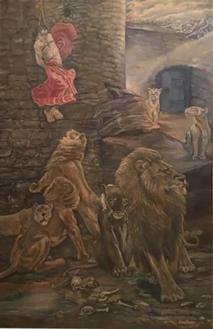 1960s Peter Maier mid Century Medieval Sacrifice to Lion Den Painting