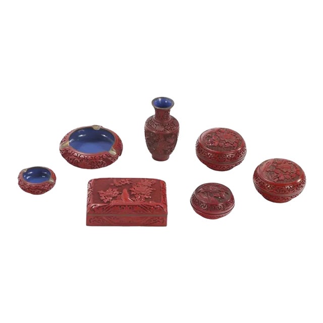 Early 1900s Chinese Cinnabar Lacquerware Set Including Four Boxes, Two Ashtrays and a Vase- 7 Pieces For Sale