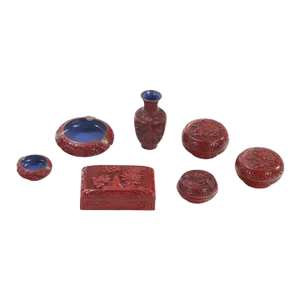 Early 1900s Chinese Cinnabar Lacquerware Set Including Four Boxes, Two Ashtrays and a Vase- 7 Pieces