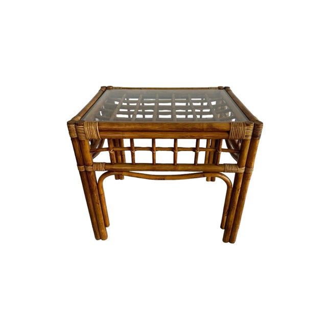 Elegant pair of vintage rattan bentwood glass top side tables in the style of Franco Albini This pair features beautiful...