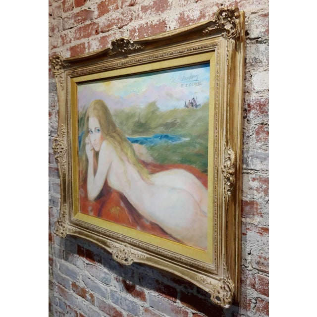 Light Pink 1970s Vintage "Nude Blonde Laying on a Outdoor Field" Painting by Sheldon C Schoenberg For Sale - Image 8 of 11