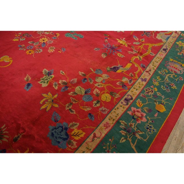 Art Deco 1920s Red Rust Floral Antique Chinese Art Deco Rug 9'x11' 8'' Woven Wool Carpet For Sale - Image 3 of 9