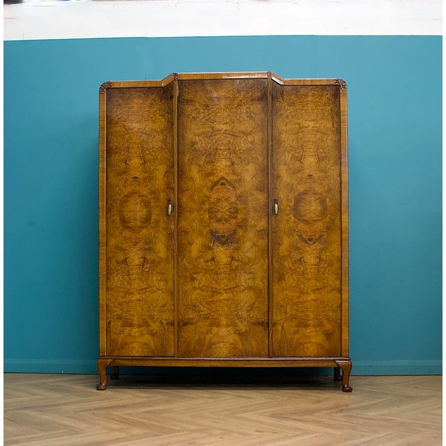 Vintage Art Deco Burr Walnut Triple Door Wardrobe, 1930s For Sale - Image 15 of 15