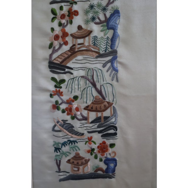 Wood Antique Late Qing Chinese Embroidered Silk Landscape Sleeve Bands—Framed Pair For Sale - Image 7 of 18