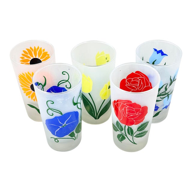 Vintage 1950’s Boscul Frosted Floral Glasses- Set of 5 For Sale