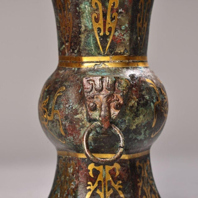Pair of Vintage Bronze Vases With Gold Inlay - Archaic Style Gu Vessels For Sale - Image 9 of 10