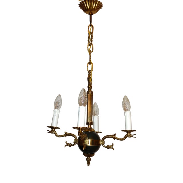 Antique French Swan Brass 4-Light Chandelier, 1950s For Sale