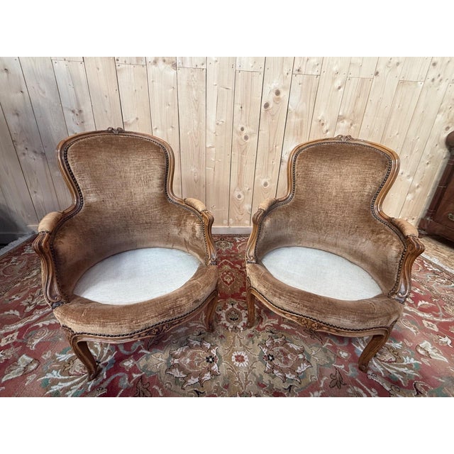 Wood Louis XV Style Armchairs in Brown Velvet, 1950s, Set of 2 For Sale - Image 7 of 8