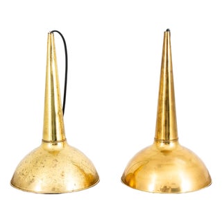 Mid 20th Century Danish Modern Gold Brass Pendant Lights - a Pair Rewired For Sale