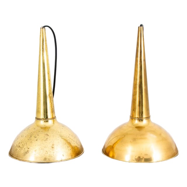 Mid 20th Century Danish Modern Gold Brass Pendant Lights - a Pair Rewired For Sale