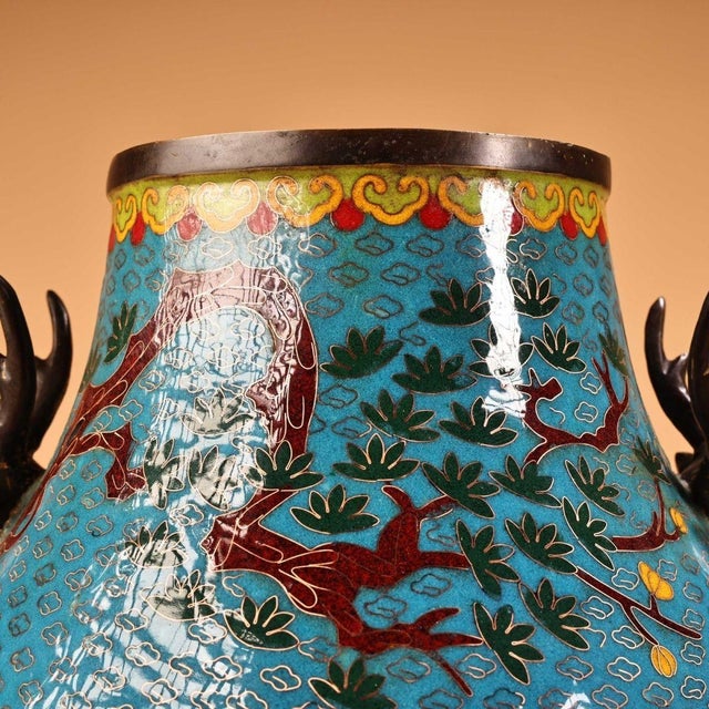 Chinese Monumental Chinese Cloisonné "Deer & Crane" Vase With Bronze Deer Handles - 13.7 LBS For Sale - Image 3 of 9