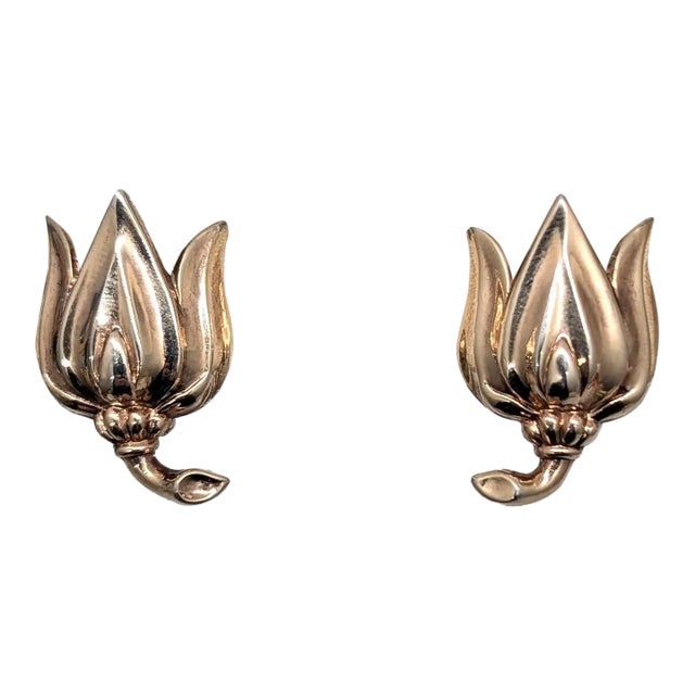 Vintage 1950 Signed Crown Trifari Goldtone Tulip Clip Earrings -2 Pieces For Sale