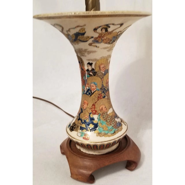 Vintage Satsuma Moriage Table Lamp Chinese Immortals Porcelain Teak