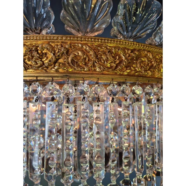 Metal 1930s Art Nouveau Brass Plafonnier Crystal Chandelier For Sale - Image 7 of 7