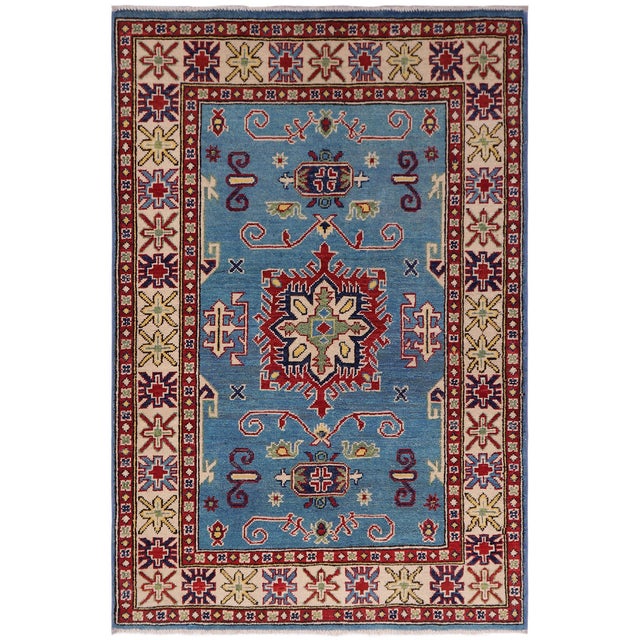 Bohemian Kazak Light Blue/Beige Wool Rug - 3'3''x4'9'' For Sale - Image 9 of 10