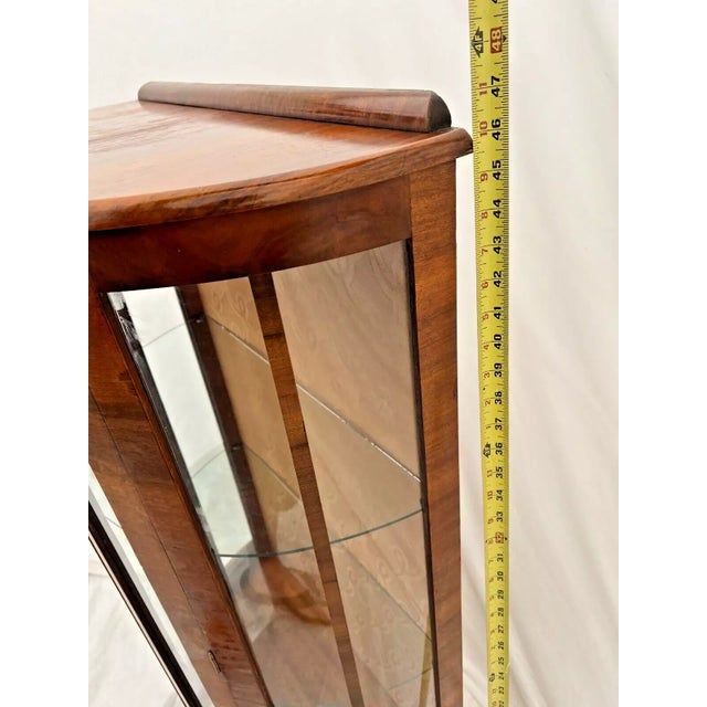 Brown 1920s Art Deco China Cabinet Curio Curved Locking Door Two Glass Shelves Lighted For Sale - Image 8 of 11