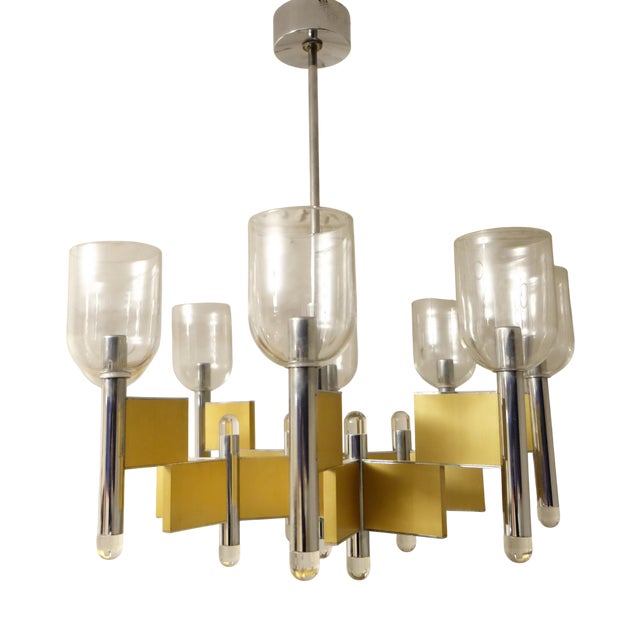 Italian Brass and Glass 8-Arm Chandelier by Gaetano Sciolari, 1970s For Sale