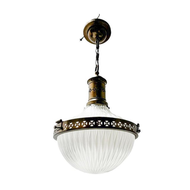 Metal Arts & Crafts Patinated Brass Holophane Pendant Light, 1900s For Sale - Image 7 of 7