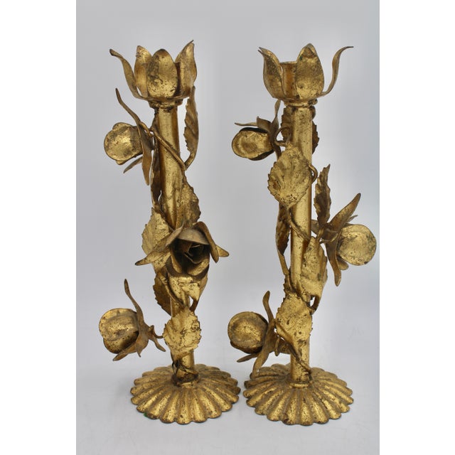 Vintage Italian Gold Gilded Tole Candlesticks For Sale - Image 9 of 11
