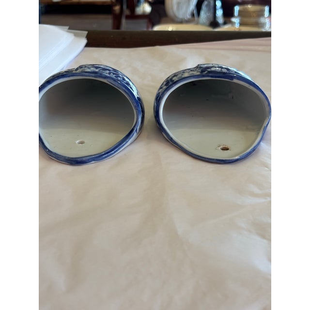 Pair of Blue and White Glazed Ceramic Floral Wall Pockets For Sale In Saint Louis - Image 6 of 10