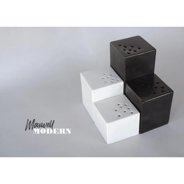 Mid-Century Modern Set of 4 Modernist Sculptural Black & White Ceramic Cube Block Sculptures Vases For Sale - Image 3 of 12